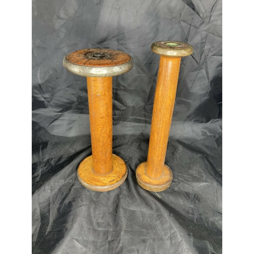 2 Antique Vintage Wooden Cylinder Shaped Textile Bobbins Thread Spool Industrial